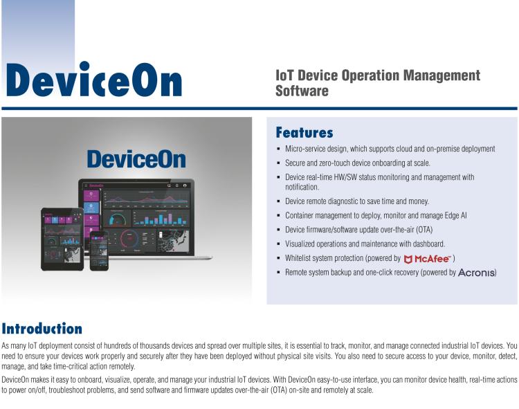研華DeviceOn DeviceOn.DM是IoT設(shè)備管理，可遠(yuǎn)程管理連接的設(shè)備并提供集中式管理功能。